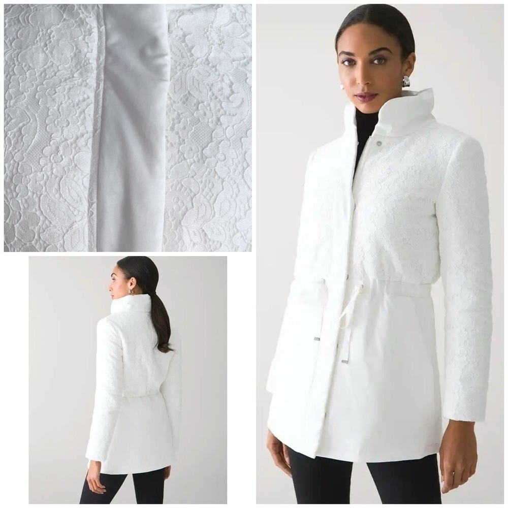 WHBM White House Black Market Lace Panel White Chevron Puffer Puff Coat XS